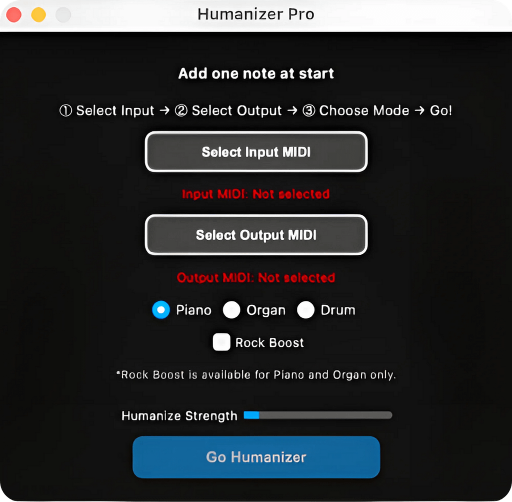 Humanizer Proのユーザーインターフェース画面。MIDIベロシティ調整の操作パネル。