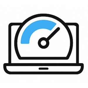 軽快な動作のアイコン（パソコンとスピードメーター）