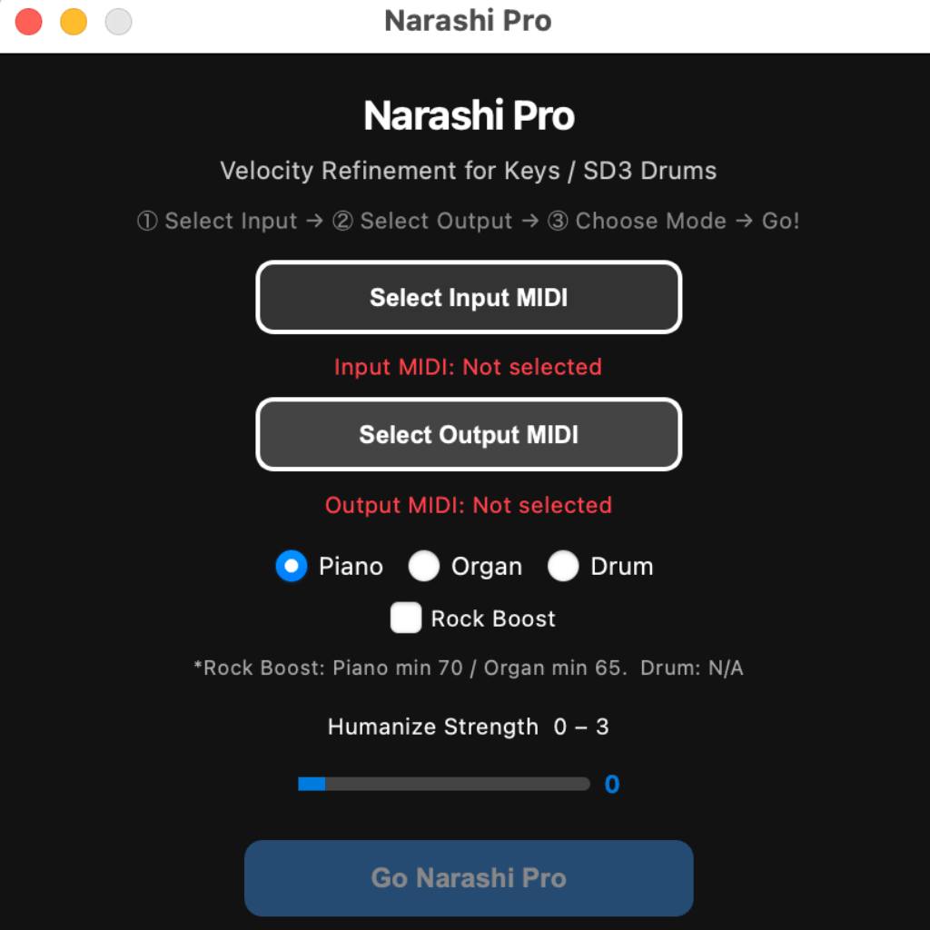 Narashi Pro MIDI velocity refinement tool interface